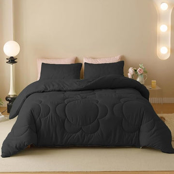 Black Flower Comforter Queen Black Flower Print Bed Queen Comforter Set 3 Pieces Dark Black Floral Comforter Set for Women Girls Bedroom Decor All Season Hotel Quality Comforter Set