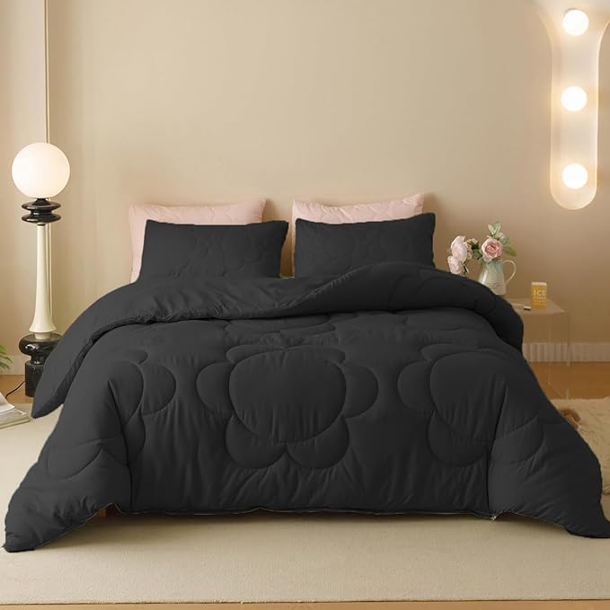 Black Flower Comforter Queen Black Flower Print Bed Queen Comforter Set 3 Pieces Dark Black Floral Comforter Set for Women Girls Bedroom Decor All Season Hotel Quality Comforter Set