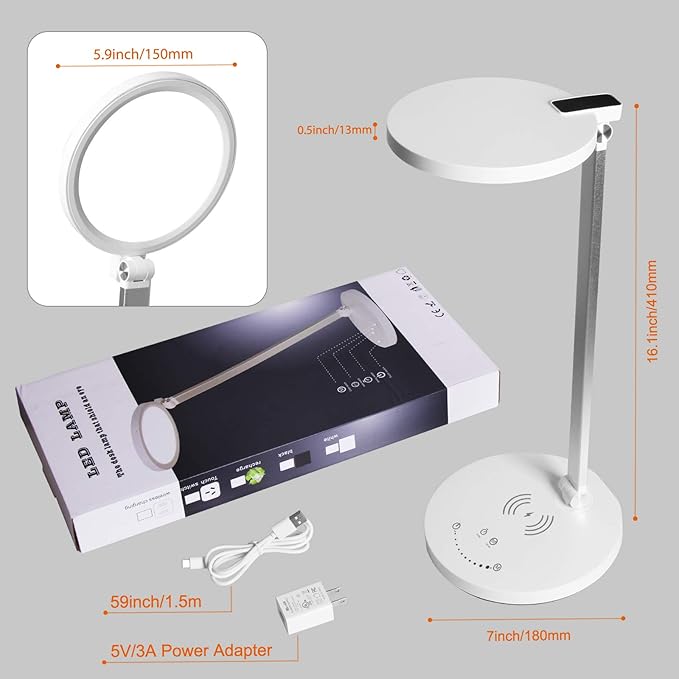 LED Desk Lamp Wireless Charger, Aluminum Dimmable Eye-Caring Table Lamp with 5 Lighting Models with 5 Brightness Levels, Touch Control and Memory Function, USB Charging Port, 8W, White……