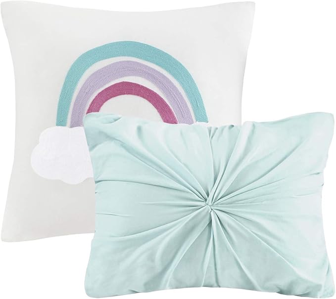 Callie Cotton Jacquard Weave Colorful Pom Pom Kids Comforter sets, Down Alternative Shabby Chic All Season Girls Bedding, Bedroom Decor, Full/Queen,Aqua 5 Piece
