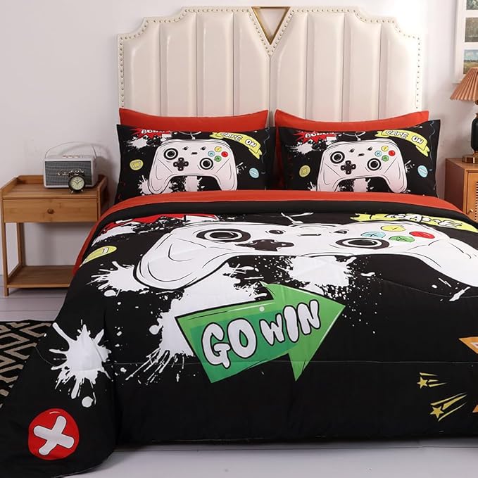 Wajade Kids Game Comforter Set Bed in A Bag Queen Size 7 Piece 3D Colorful Video Game Controller Bedding Set for Boys Girls (1 Comforter, 1 Flat Sheet, 1 Fitted Sheet, 2 Pillowcase and 2 Pillow Sham)