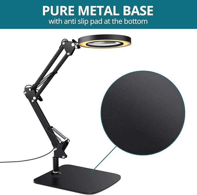 8X Magnifying Glass with Light and Stand, 2-in-1 Lighted Magnifier with Clamp,3 Color Modes Dimmable 10 Brightness Levels LED Desk Magnifying Lamp Hands Free for Crafts Hobby Reading Close Work