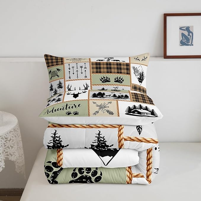 Camper Adventure Kids Comforter Set Full Size,Deer Antlers Bear Paws Farmhouse Bedding Set for Boys Girls Adults Room Decor,Arrows Plaids Patchwork Down Comforter,Rustic Duvet Insert,2 Pillowcases