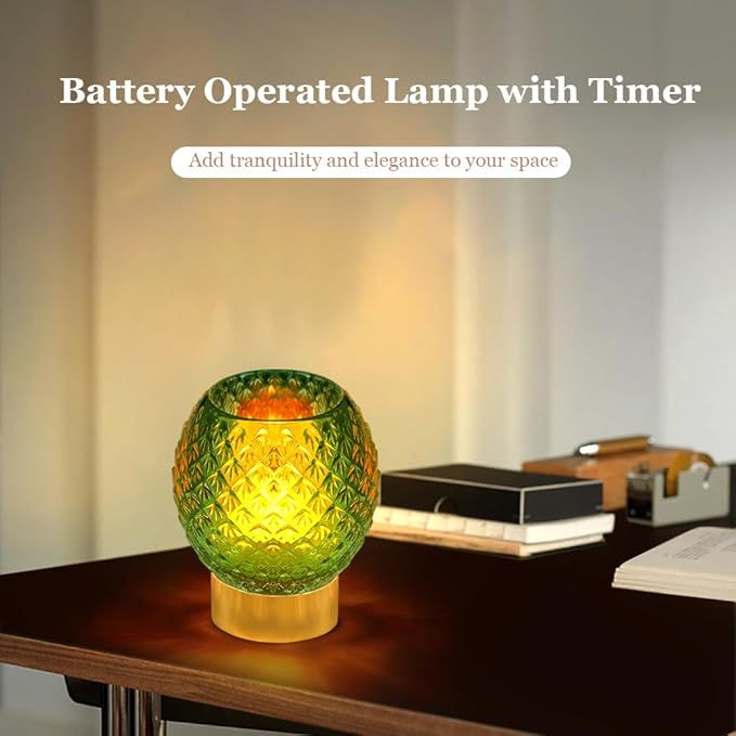 Battery Operated Lamp with Timer,Glass Cordless Lamps with LED Bulb,Decorative Lights for Living Room Bedroom Tabletop Entryway Centerpiece Gift (Green)