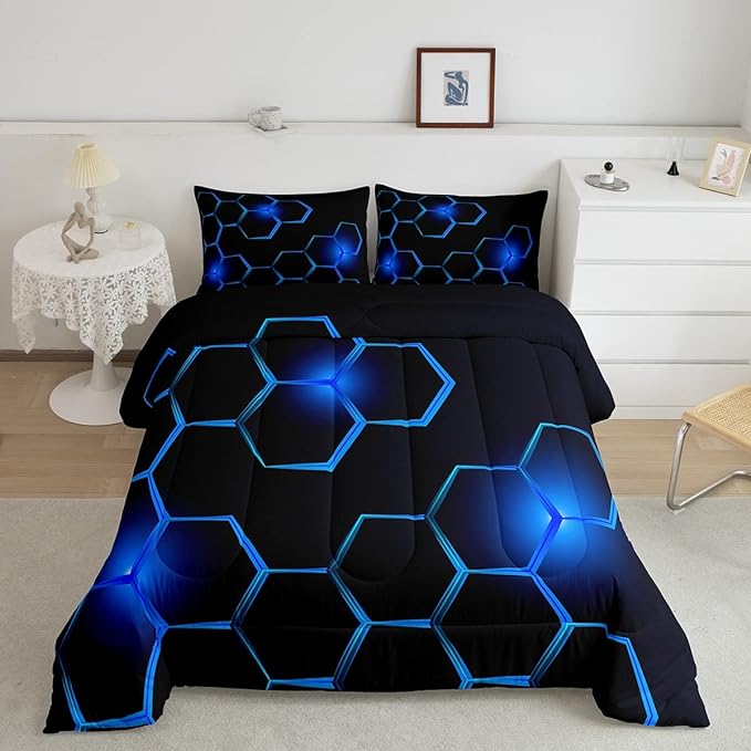 Honeycomb Kids Comforter Set Modern Geometry Hexagon Bedding Set for Boys Children Teens Bedroom Decor Geometrical Comforter Beehive Geometric Black Blue Duvet Set Queen Size with 3 Pillow Case