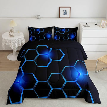 Honeycomb Kids Comforter Set Modern Geometry Hexagon Bedding Set for Boys Children Teens Bedroom Decor Geometrical Comforter Beehive Geometric Black Blue Duvet Set Full Size with 3 Pillow Case