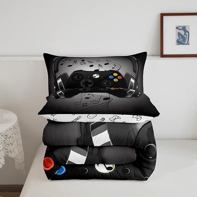 Gamer Comforter Set Queen Size,Black Grey Headphones Musical Design Games Gamepad Bedding Set for Kids Boys Video Game Room Decor Retro Playing Gamer Down Comforter Gaming Controller Quilted Duvet Set
