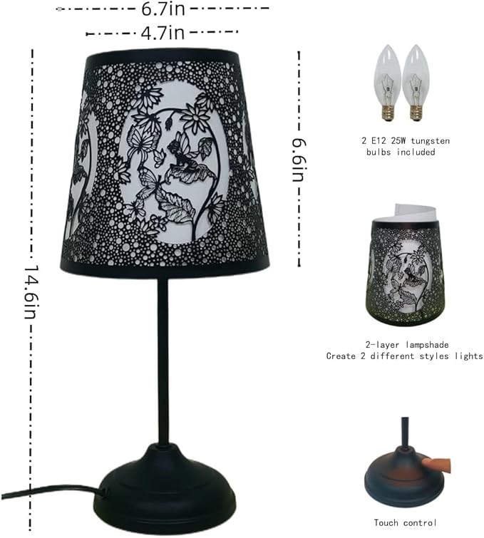 Flower Fairy Touch Lamp with Dimmable Touch Switch,Black Metal Cutout Shade, Flower Fairy Decoration Desk Lamp