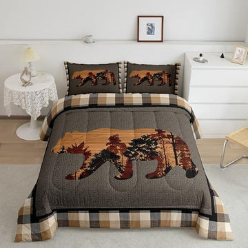 Cute Bear Comforter Set Wild Animal Bedding Set for Teens Nature Wildlife Bear Bedding Set Western Farmhouse Orange Grey Duvet Set Room Decor King Size Duvet Set 3Pcs Boys