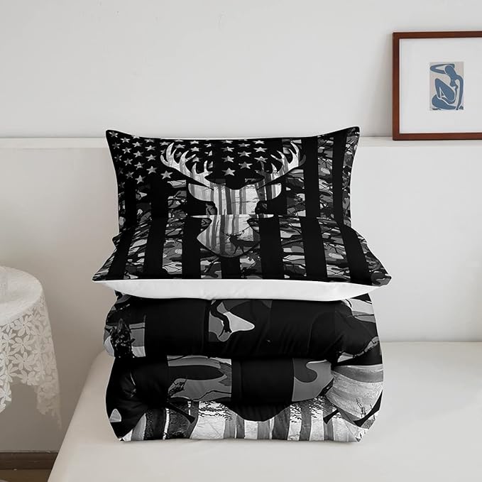 Camo American Flag Comforter Set Full,Deer Antlers Silhouette Bedding Set,Black Grey Camouflage Quilt Set 3 Pcs for Kids Teens Adults Room Decor, Wild Animal Natural Duvet Insert with 2 Pillowcases