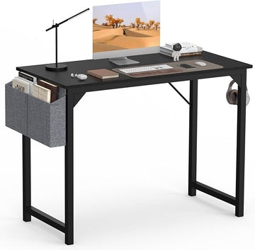 SMUG Computer Desk 40 Inch Home Office Writing Wood Storage Bag & Headphone Hook Small Spaces Simple Bedroom Work Study Kids Table, Black