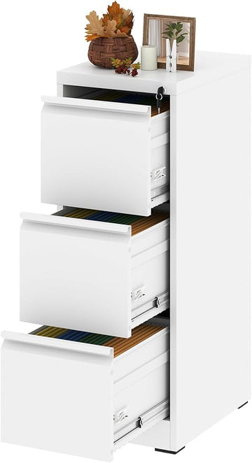 Vertical File Cabinet with Drawer, 3 Drawer File Cabinet with Lock, Filing Cabinets for Home Office, Hanging Files for A4/ Legal/Letter, White