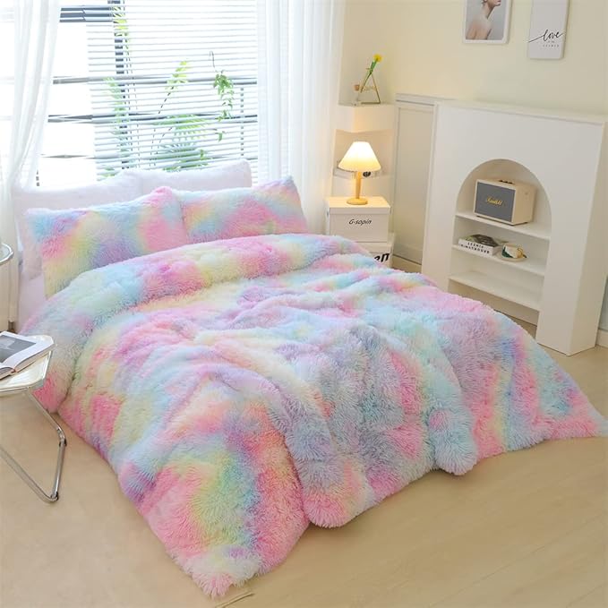 Faux Fur Kids Girls Rainbow Comforter Sets Queen - 3PC Bed Set Warm Comfortable Soft Plush Flannel Velvet Fluffy Fuzzy Bedding（Comforter x 1 Pillowcases x 2）