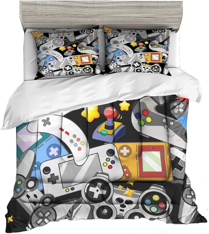 Sunnycitron Gaming Comforter for Boys Teen Gamer Comforter Queen Size Gaming Bedding Kids Bed Comforter set Boys Bedding quilt Down Alternative Comforter Game Room Decor,1 Comforter +2Pillowcase