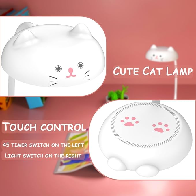 Cute Small Desk Lamp for Kids, Eye-caring Desk Light LED Reading Lamp, 3 Color Dimmable & 45min Timer, Battery Powered Cordless Lamp Rechargeable, Flexible Gooseneck Battery Operated Table Lamp, Cat