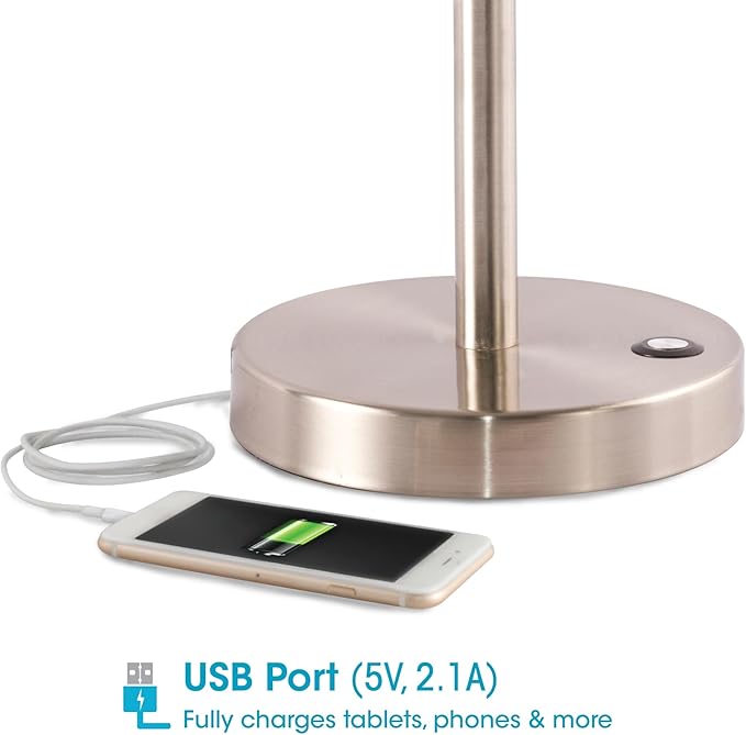 OttLite Harmonize LED Desk Lamp - 2.1A USB Charging Port, 3 Brightness Settings, Brushed Nickel