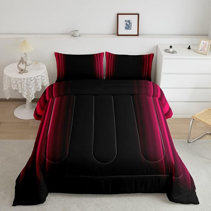 Feelyou Geometric Abstract Ombre Bedding Bed Set Men Adults Teens Vibrant Red and Black Striped Comforter Set Kids Boys Girls Simple Modern Comforter Inner Fill Bedroom Collection 3Pcs Queen Size