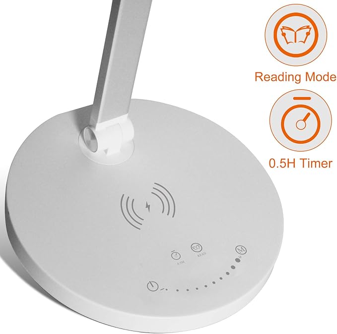 LED Desk Lamp Wireless Charger, Aluminum Dimmable Eye-Caring Table Lamp with 5 Lighting Models with 5 Brightness Levels, Touch Control and Memory Function, USB Charging Port, 8W, White……