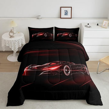 Feelyou Red Race Car Bedding Set Queen Size for Kids Boys Extreme Sport Games Comforter Set Teens Toddler Fast and Furious Duvet Set Cool Modern Quilt Set 3Pcs