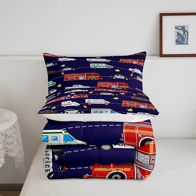 Fire Truck Bedding Bed Set Police Car Comforter Set for Kids Boys Girls Teens Youth Decor Engine Ambulance Cute Comforter Emergency Vehicle Blue Soft Quilt Set Room 2Pcs Twin Size