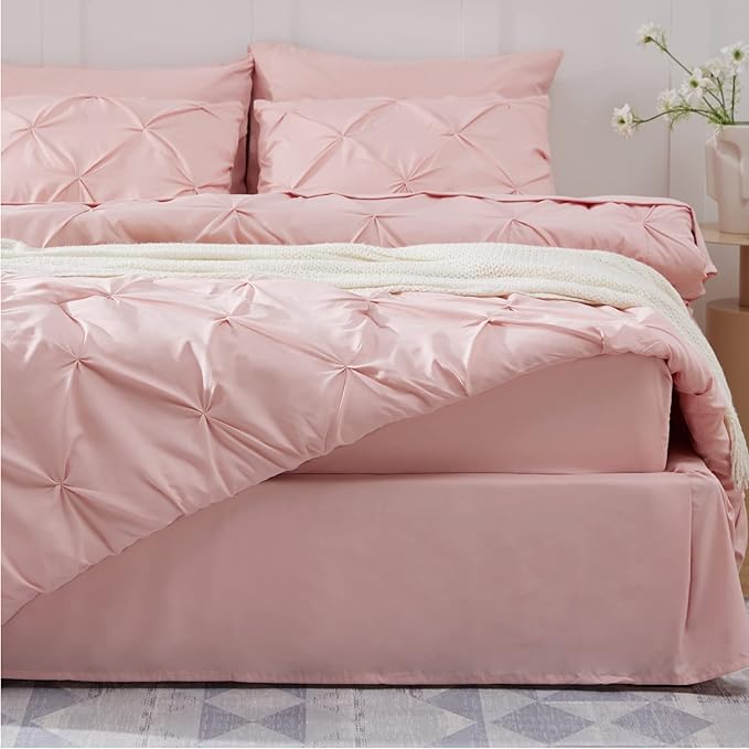 Bedsure King Size Comforter Set - Bedding Set King 7 Pieces, Pintuck Bed in a Bag Pink Bed Set with Comforter, Sheets, Pillowcases & Shams