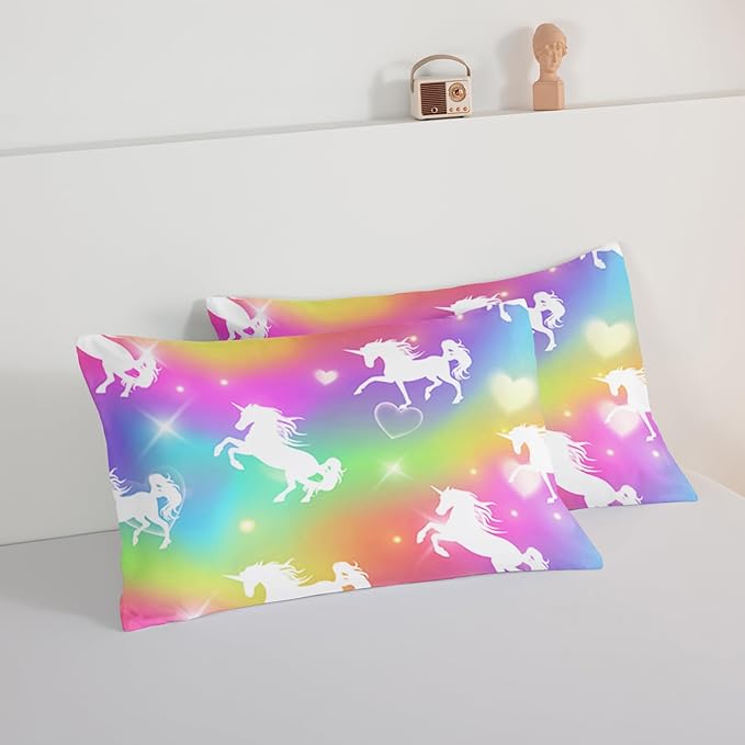 HOSIMA Unicorn Bedding 3pcs Rainbow Comforter Set with 2 Pillowcases,Sparkle Stars Queen Comforter Set for Adults Teen Girls,Cute Rainbow Unicorn Comforter Princess Toddler Bedding Set.