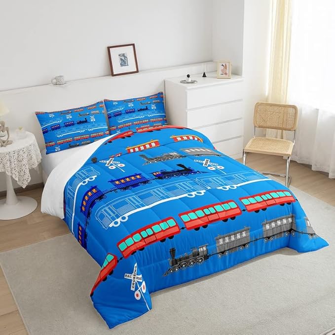 Feelyou Cartoon Car Comforter Set for Kids Boys Girls Vintage Car Comforter Train Bedding Set Bedroom Decor Retro Steam Train Blue Light Sign Duvet Set Queen Size Quilt Set 2Pcs