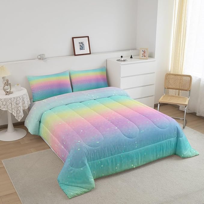 Rainbow Comforter Set King Size Tie Dye Pastel Bedding Comforter Sets for Boys Girls Kids Bedroom Decor, Glitter Galaxy Bedding Ink Pastel Printing Duvet Insert with 2 Pillowcases, Pink Blue Yellow