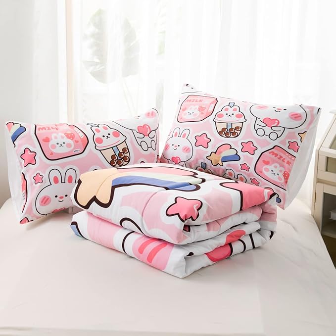 CVHOUSE Kawaii Bedding Twin Size,Kawaii Rabbit Bedding Set for Girls Kids,Cute Rabbit Comforter Set Kawaii Rabbit Duvet Set Rabbit Pattren Quilt Set Girls Room Decor 3 Pieces