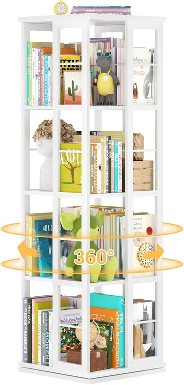 Aheaplus Rotating Bookshelf, Corner Bookshelf, 360 Display Wood Spinning Bookshelf, Floor Standing Bookcase Narrow Shelf Revolving Organizer Storage Rack for Small Space, Bedroom, Study Room, White