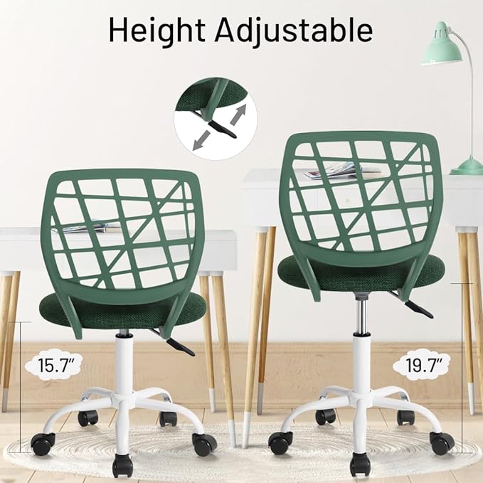 Kids Desk Chair, Fabric Office Chair Armless Small Mid Back Swivel Children Computer Task Chair Ergonomic Height Adjustable Study Chairs with Swivel Padded Cushion and Rolling Wheels, Dark Green