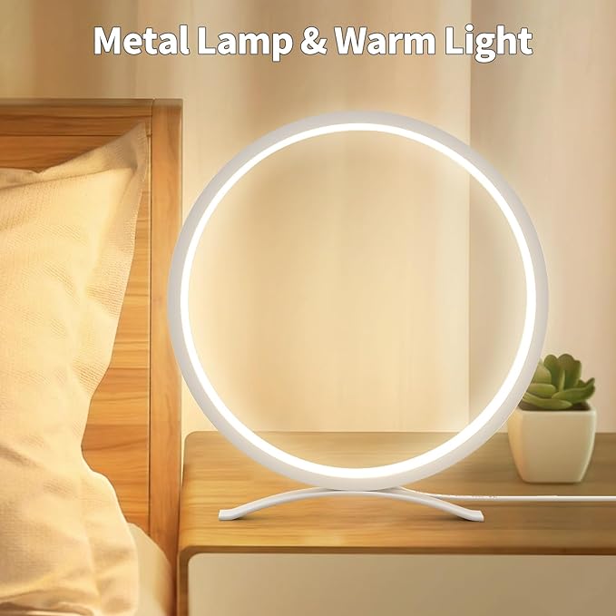 Desk Lamp,Metal Circle Ring Table Lamps Bedside Lamp for Nightstand, Modern Minimalist Lamps/Led Warm Light for Bedroom/Living Room,10 Inch