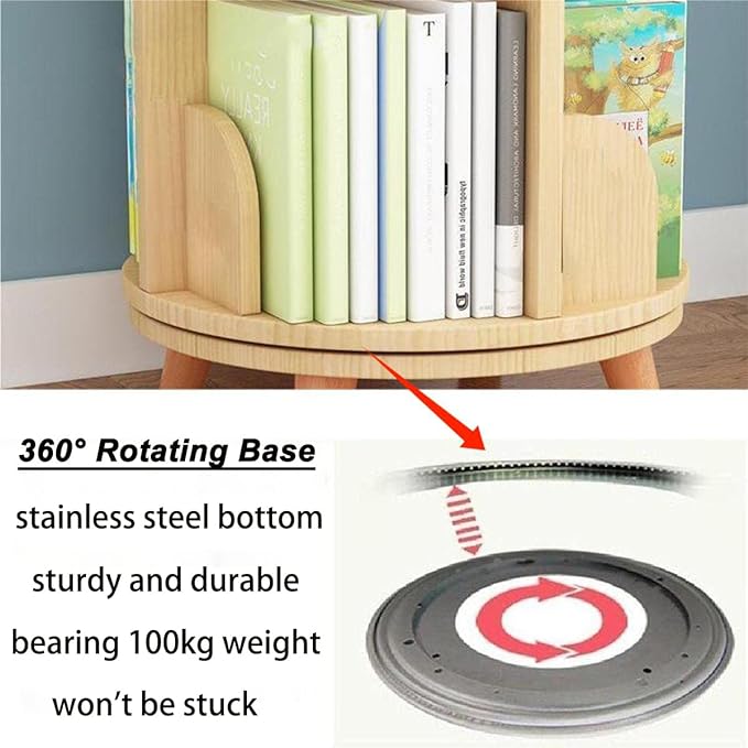 Gdrasuya10 3 Tier Rotating Bookshelf with Legs, Revolving Bookcase Standing Small Bookshelf Storage Wood Bookcase 360 Display Book Shelf Easy Assemble for Bedroom Study Room