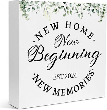 Creoate Housewarming Gifts New Home Decor New Home New Memories Wooden Box Sign Rustic Housewarming White Block Sign Home Décor Accents Living Room Shelf Desk Decoration 5.9 x 5.9 Inches Gift (White)