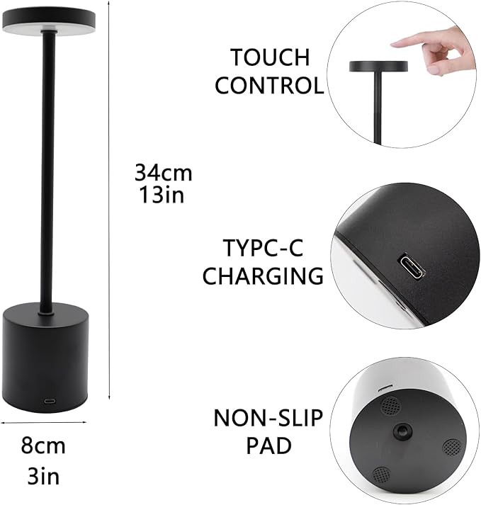 2 Pack Cordless Table Lamp Rechargeable 5000mAh Battery Operated Portable LED Desk Lamp 3 Color Temperature Stepless Dimming for Bedroom Restaurant Coffee Shop Party (Black)