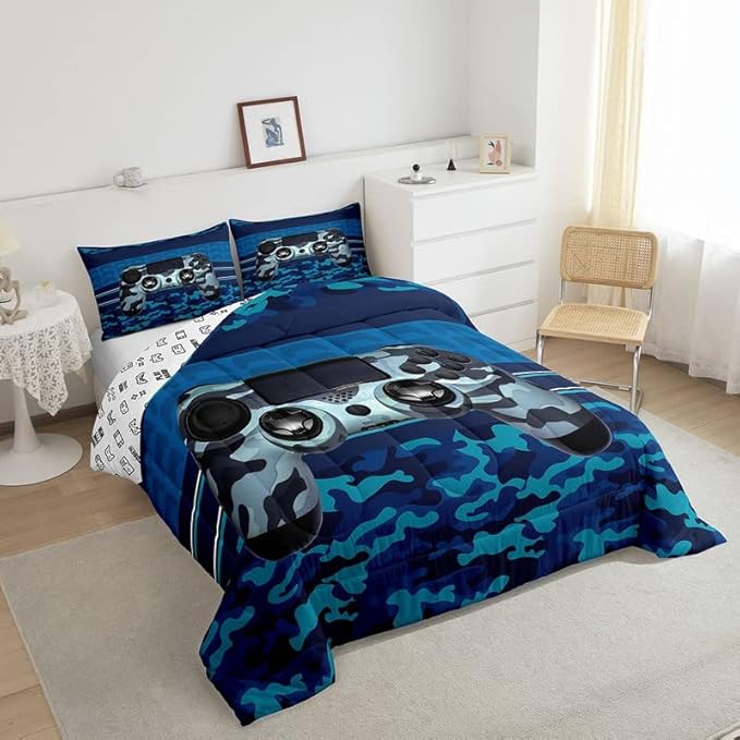 Feelyou Gamer Comforter Set Camouflage Gaming Video Game Bedding Set for Kids Boys Children Blue Camo Gamer Console Comforter Soft Gamepad Decor Quilt Set Queen Size