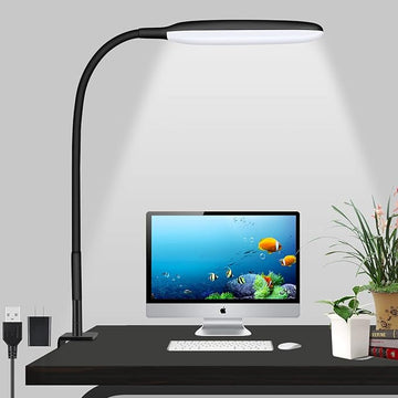 LED Desk Lamp with Clamp, 10W Flexible Gooseneck Swing Arm Clip Lamp with USB Plug, 3 Color Modes, 30 Brightness Levels, Eye-Caring Portable Desk Light for Home Office Reading Working (Black)