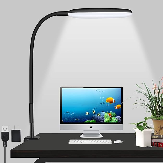 LED Desk Lamp with Clamp, 10W Flexible Gooseneck Swing Arm Clip Lamp with USB Plug, 3 Color Modes, 30 Brightness Levels, Eye-Caring Portable Desk Light for Home Office Reading Working (Black)