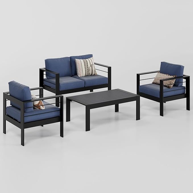 Wisteria Lane 4-Piece Aluminum Patio Furniture Set, Outdoor Furniture with Coffee Table, Metal Sofa Set for Deck, Porch, Balcony, Indoor, Black Frame & Blue Cushion