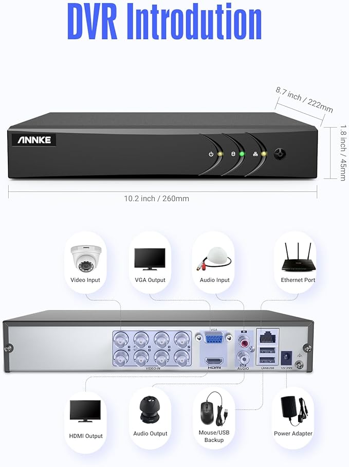 ANNKE 3K Lite H.265+ Security DVR Recorder with AI Human/Vehicle Detection, 8CH Hybrid 5-in-1 CCTV DVR for Surveillance Camera, Supports 8CH Analog and 2CH IP Cameras, Remote Access (No Hard Drive)
