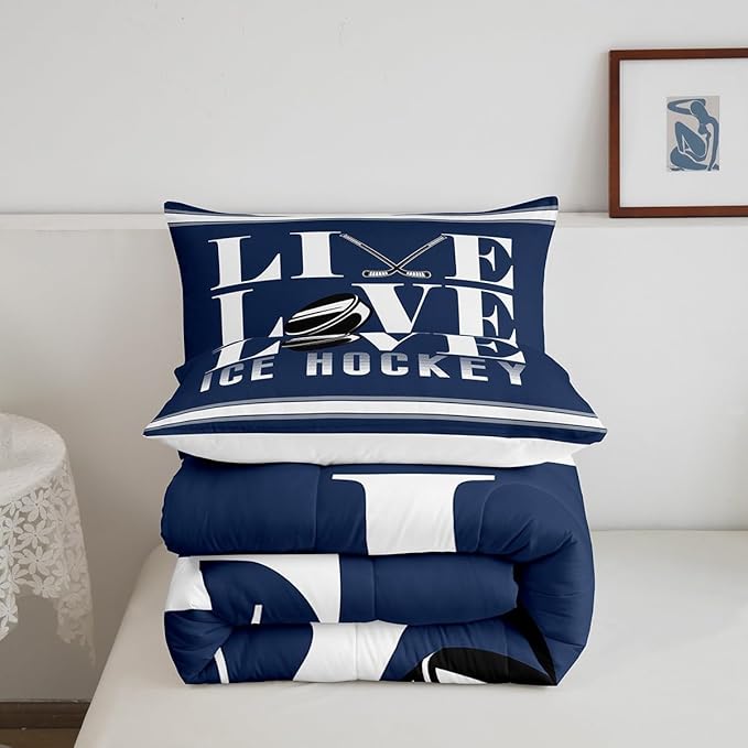 Feelyou Ice Hockey Bedding Set King Size Ice Sports Games Comforter Set for Kids Boys Girls Decor Hockey Player Comforter Microfiber Puck Hockey Duvet Set Bedroom Quilt Set
