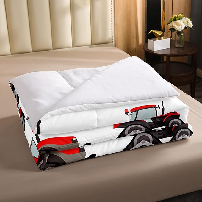 Red Tractor Comforter Set Full Size Heavy Equipment Truck Bedding Set For Kids Boys Girls Teens Harvester Tractor Down Comforter Farm Equipment Quilt Set Bedroom Collection 3Pcs Car Room Decor