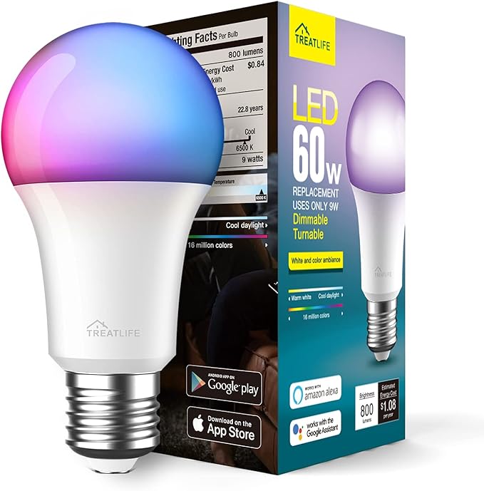 TREATLIFE Smart Light Bulbs, UL Certified WiFi Bluetooth Color Changing Light Bulb, A19 LED Smart Bulb Works with Alexa & Google Home, 60W Equivalent 800 Lumen, for Smart Home Lighting