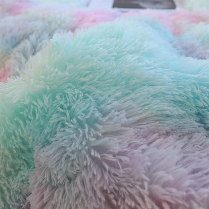 Faux Fur Kids Girls Rainbow Comforter Sets Queen - 3PC Bed Set Warm Comfortable Soft Plush Flannel Velvet Fluffy Fuzzy Bedding（Comforter x 1 Pillowcases x 2）