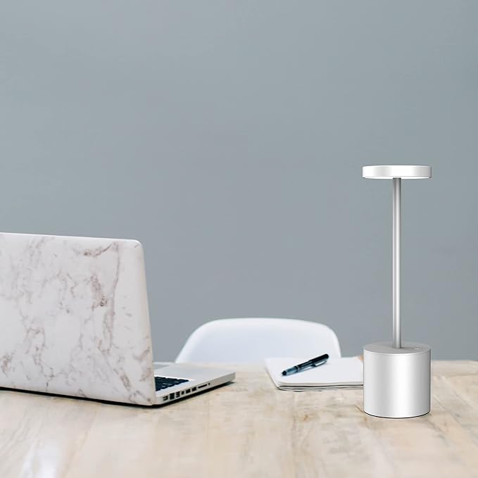 CYOIDAI LED Table Lamp, 2 Pack Rechargeable Battery with Cordless Desk Lamps 3 Lighting Modes Dimmable Light 5000 mAh, for Restaurant, Terrace, Outdoor (Silver)