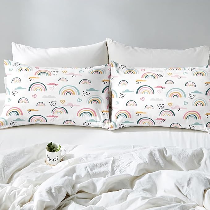 Erosebridal Rainbow Bedding Set for Kids Girls, Pink Love Heart Comforter Set Queen Size Cartoon Cloud Geometric Stripes Bedding Comforter for Boys Children Women Watercolor Art Girly Duvet Sets