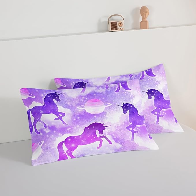 HOSIMA Purple Unicorn Bedding Sets for Girls Kids,3 Piece Soft Microfiber Galaxy Comforter Princess Crib Bedding Set Unicorn Bedroom Decor for Girls Room,Planet Cloud Full Size Bed in a Bag.