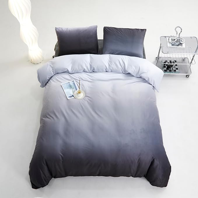 Gray White Gradient Comforter Set Cal King Gray Velvet Bedding Comforter Modern Plain White and Deep Gray Gradient Soft Quilt Farmhouse Flannel Comforter Warm California King Bed Comforter