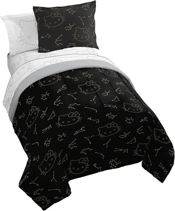 Jay Franco Hello Kitty Stars Twin Comforter Set - 5 Piece Bedding includes Sheet Set & Pillow Covers - Super Soft Zodiac Black & Gold Bedding