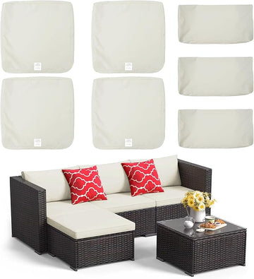 ClawsCover 7Pack Outdoor Seat and Back Cushions Replacement Covers Fit for 3/5 Pieces 4-Seater Wicker Rattan Patio Furniture Conversation Set Sectional Couch,Cream-Small (Include Cover Only)